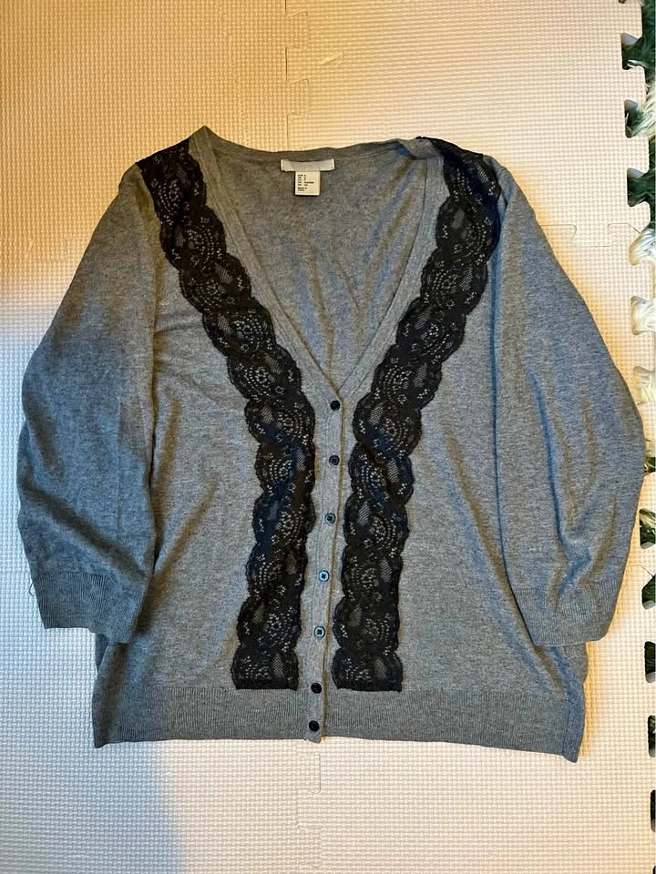 H&M Grey Cardigan w Black Lace Size S