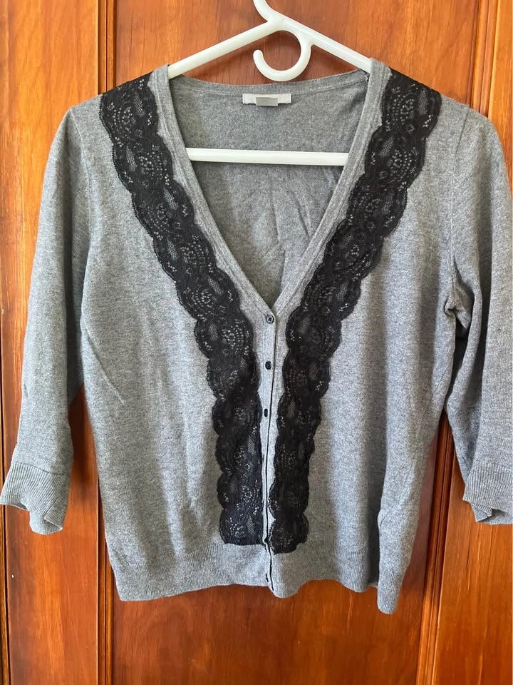 H&M Grey Cardigan w Black Lace Size S - photo 3