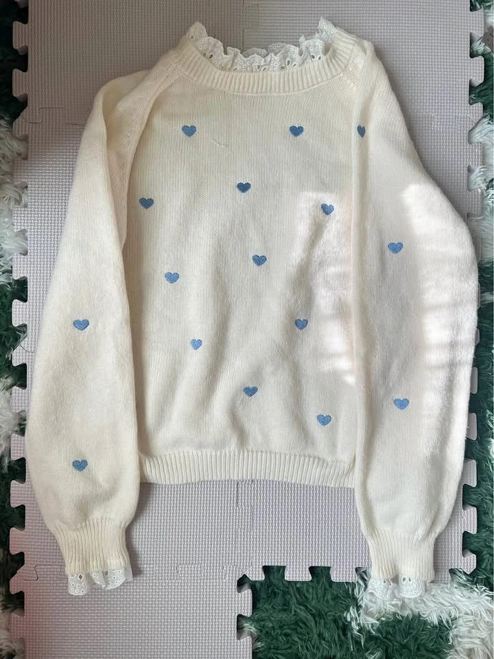 Cream Knit Sweater w/ Blue Hearts & Lace Trim