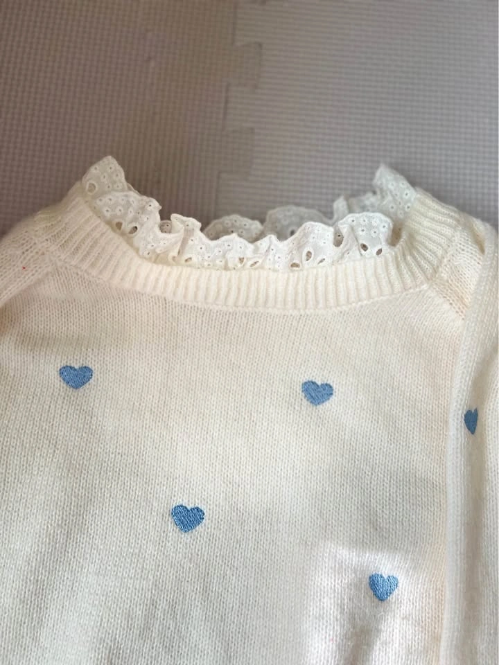 Cream Knit Sweater w/ Blue Hearts & Lace Trim - photo 2