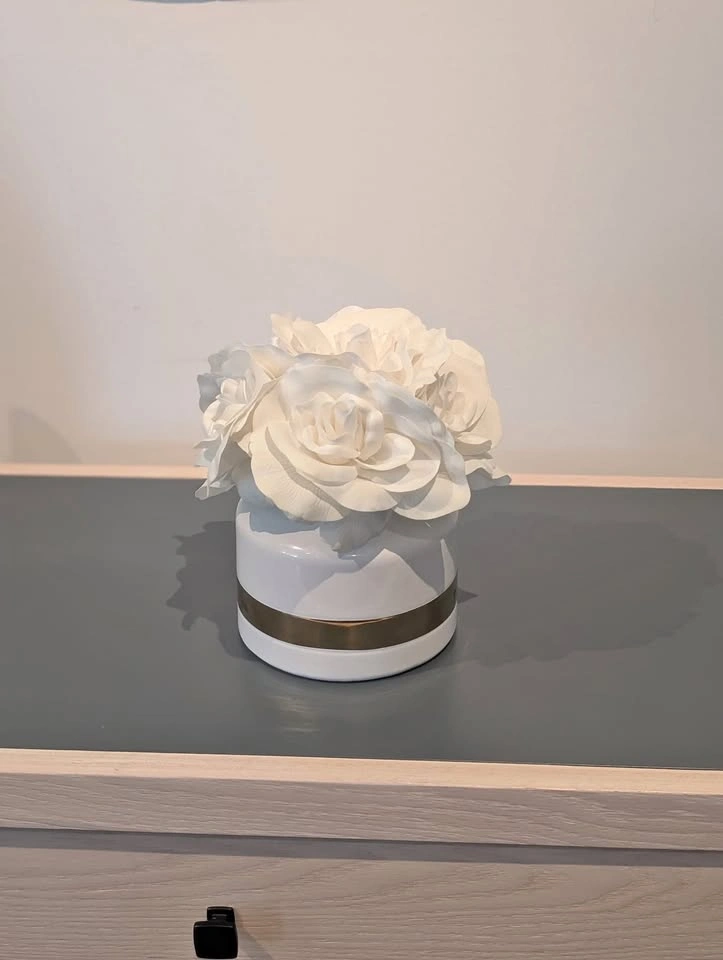 White Artificial Flowers in Ceramic Pot with Gold Band