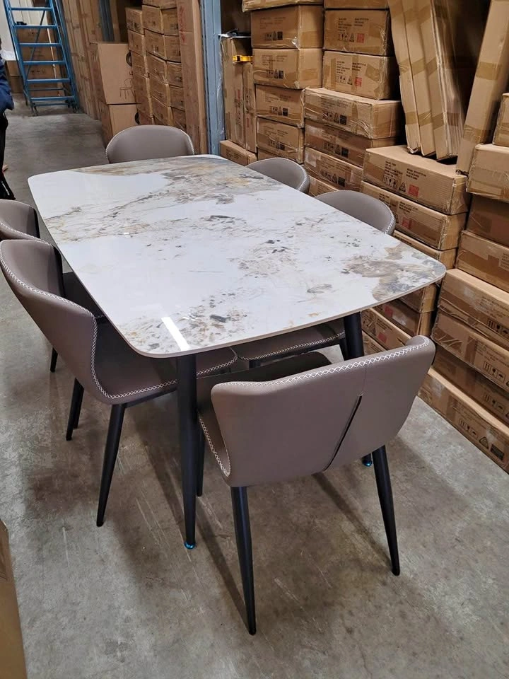 (MANY IN STOCK) 7PC Dining Set – White Marble Finish, Beige Chai