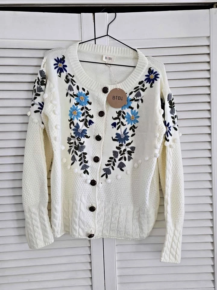 BiB! White Embroidered Floral Pom-Pom Cardigan L