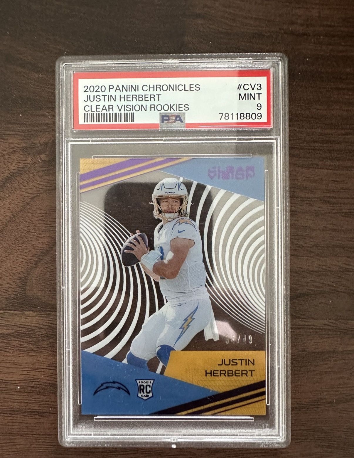 JUSTIN HERBERT 2020 Chronicles Clear Vision Purple Prizm RC /49