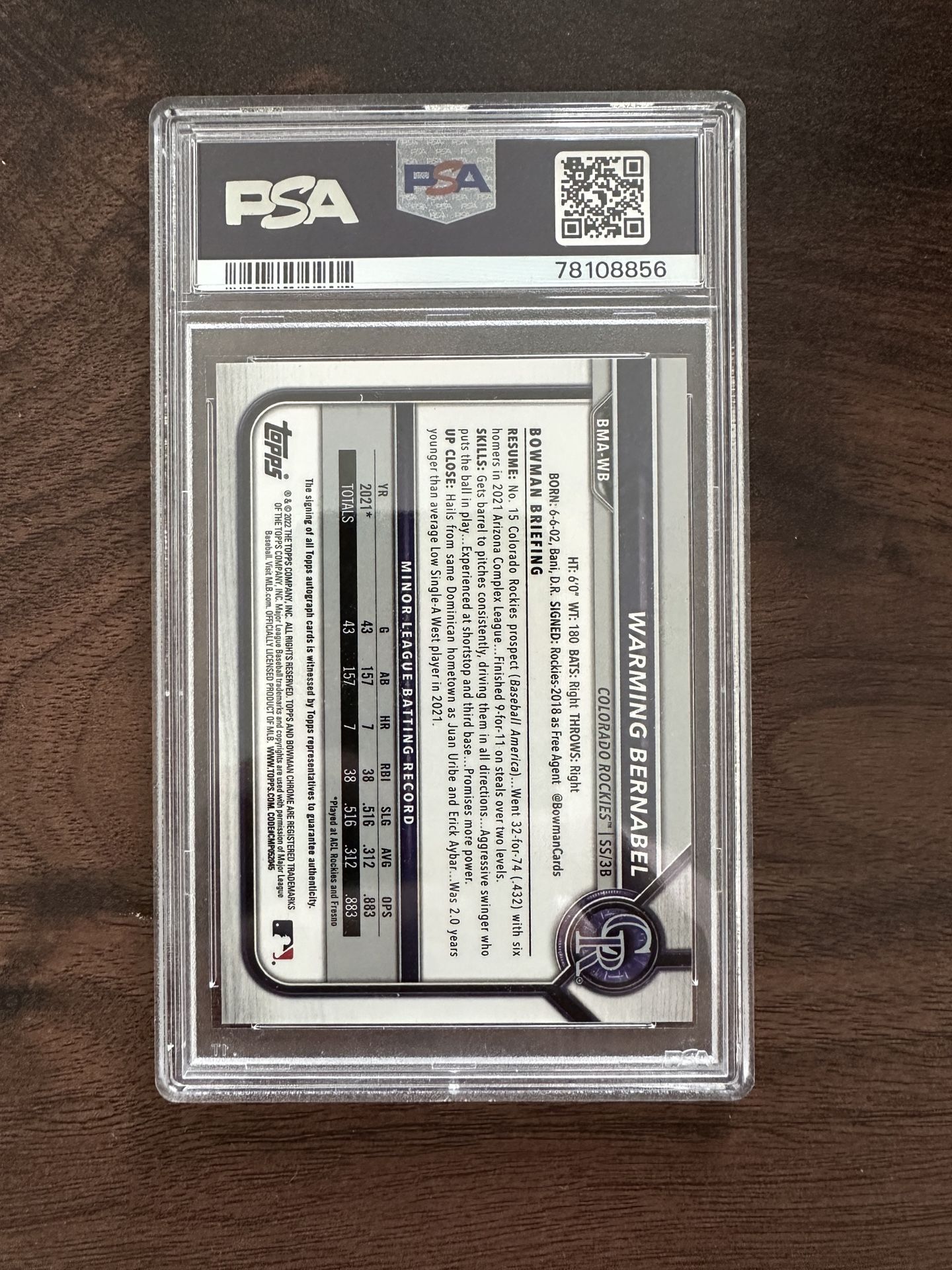2022 Bowman Mega Box Chrome Mojo Warming Bernabel #BMA-WB PSA 10 - photo 2