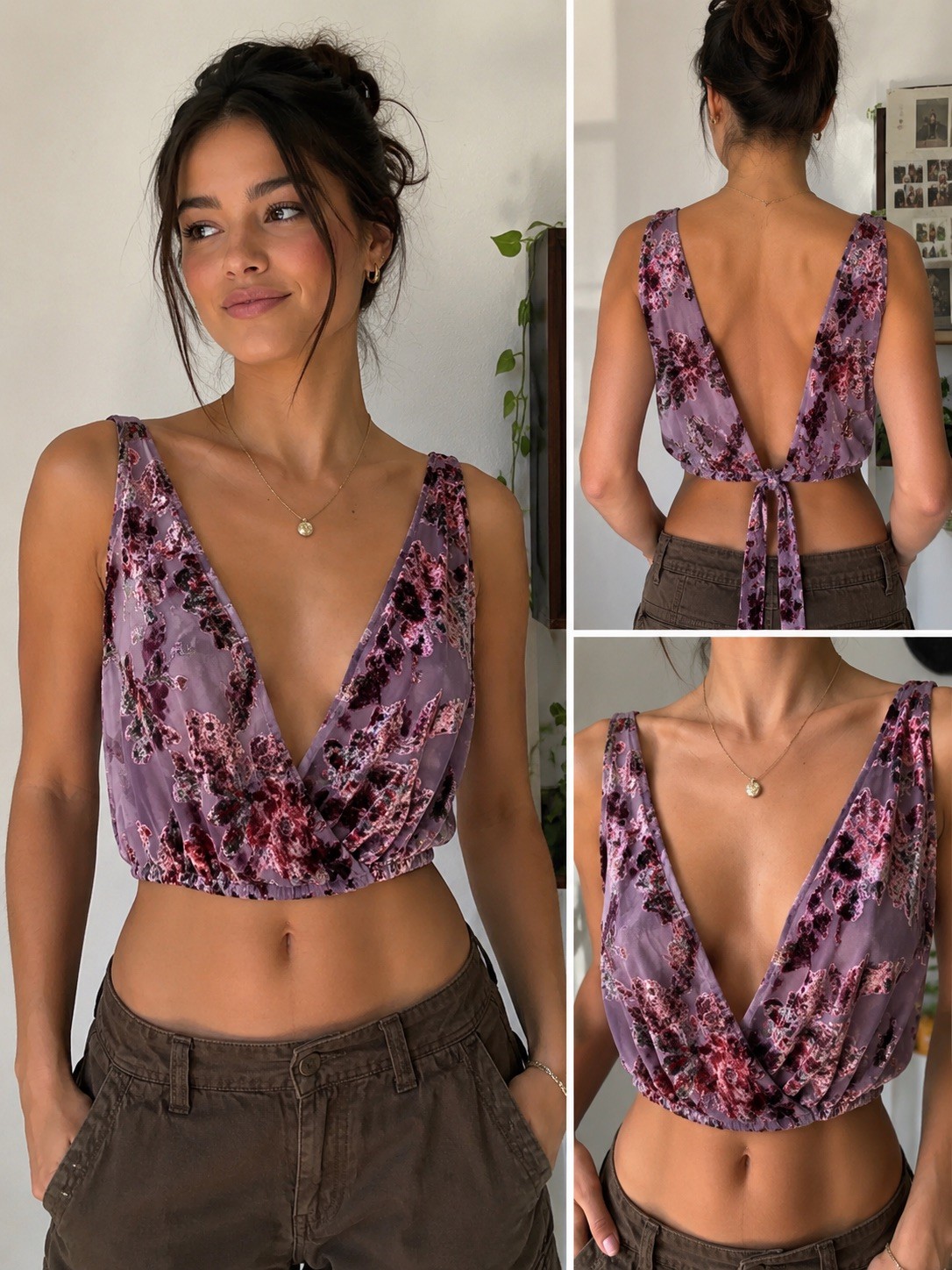 Free People Womens L Velvet Burnout Floral Crop Top Purple