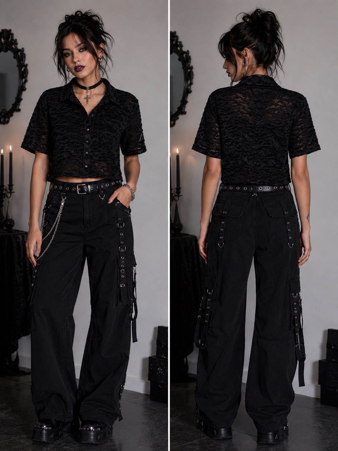 Good American Black Textured Sheer Crop Top Button Front Goth Gr
