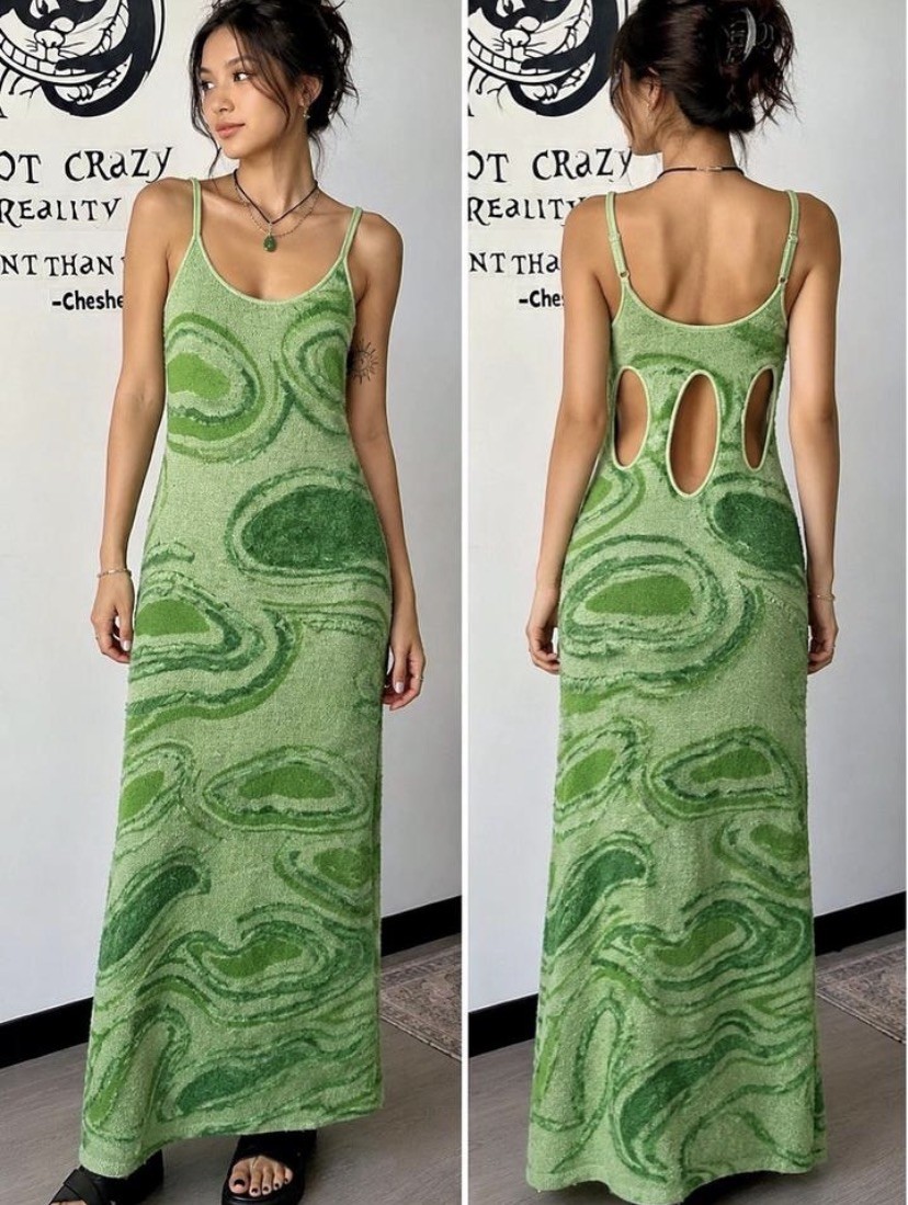 House of Sunny Hockney Dress Lily Pads Green Knit Midi