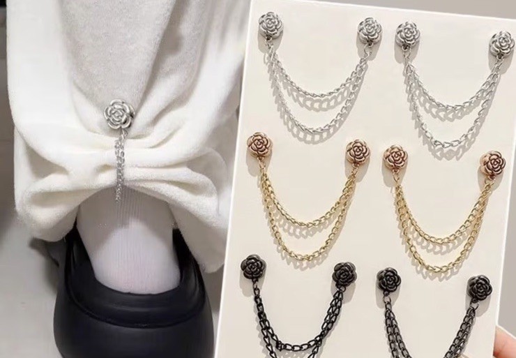 4pcs Flower Chain Metal Brooch Pins, Adjustable, Gold Silver Bla - photo 5
