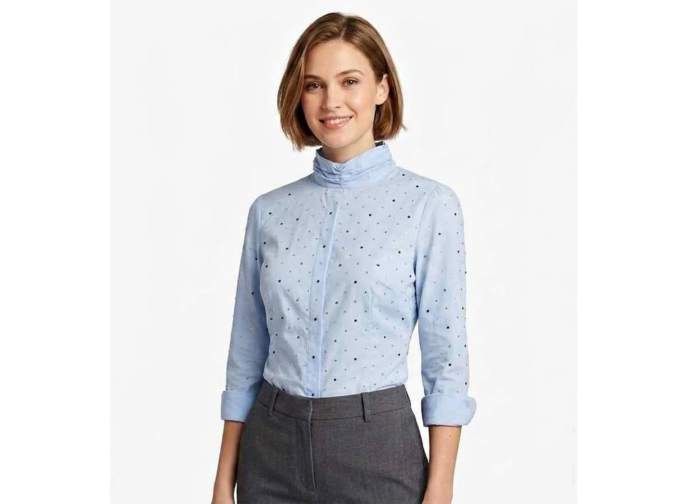 Light blue small size women blouse sparkle rhinestones