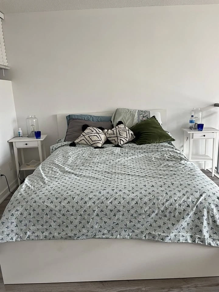 MALM Bed frame, high, w 4 storage boxes, white/Luröy, Queen