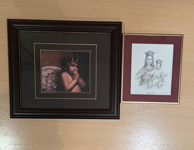 Framed Angel Print and Mary Queen of Heaven Sketch
