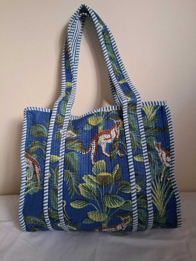 NEW BOHO LEOPARD PRINT BLUE QUILTED TOTE