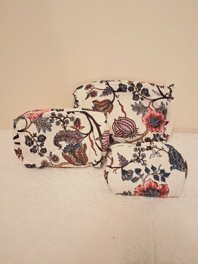 NEW SET OF 3 QUILTED FLORAL COSMETIC BAGS