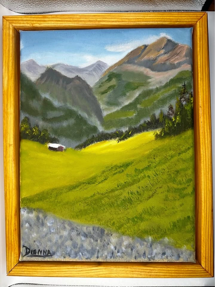 Original Swiss Alps Oil Painting – Framed Mountain Landscape