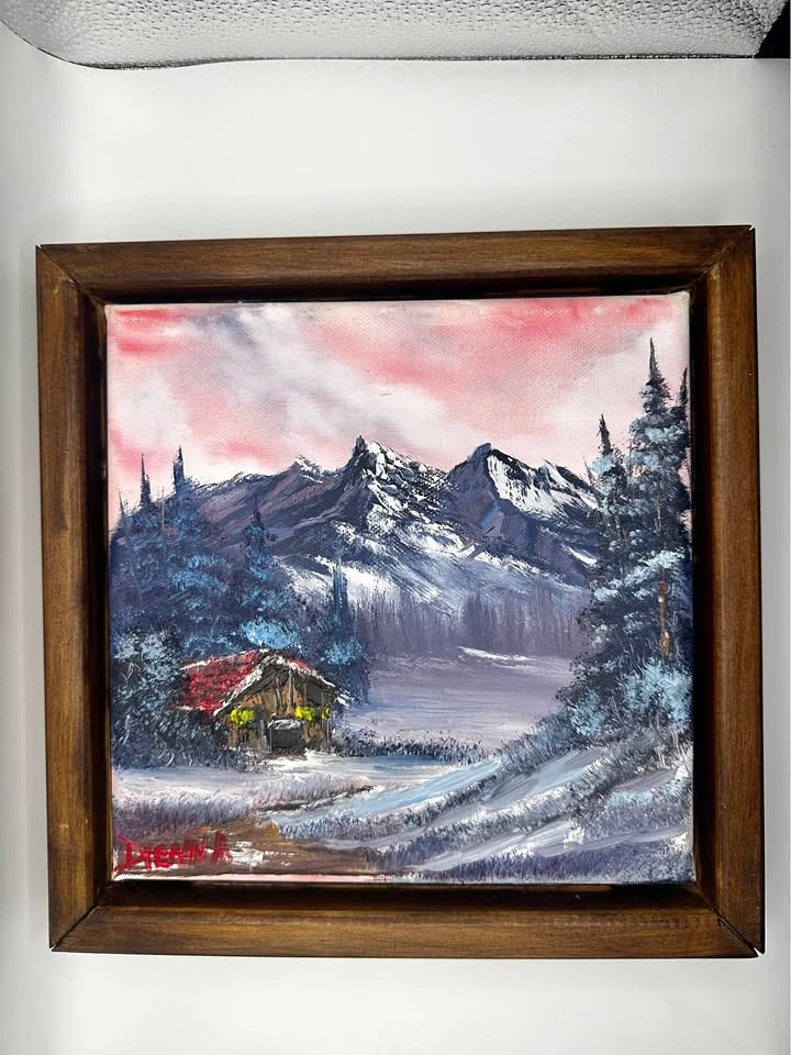 Hand-Painted Winter Mountain Cabin Oil Painting - 9x12 inch