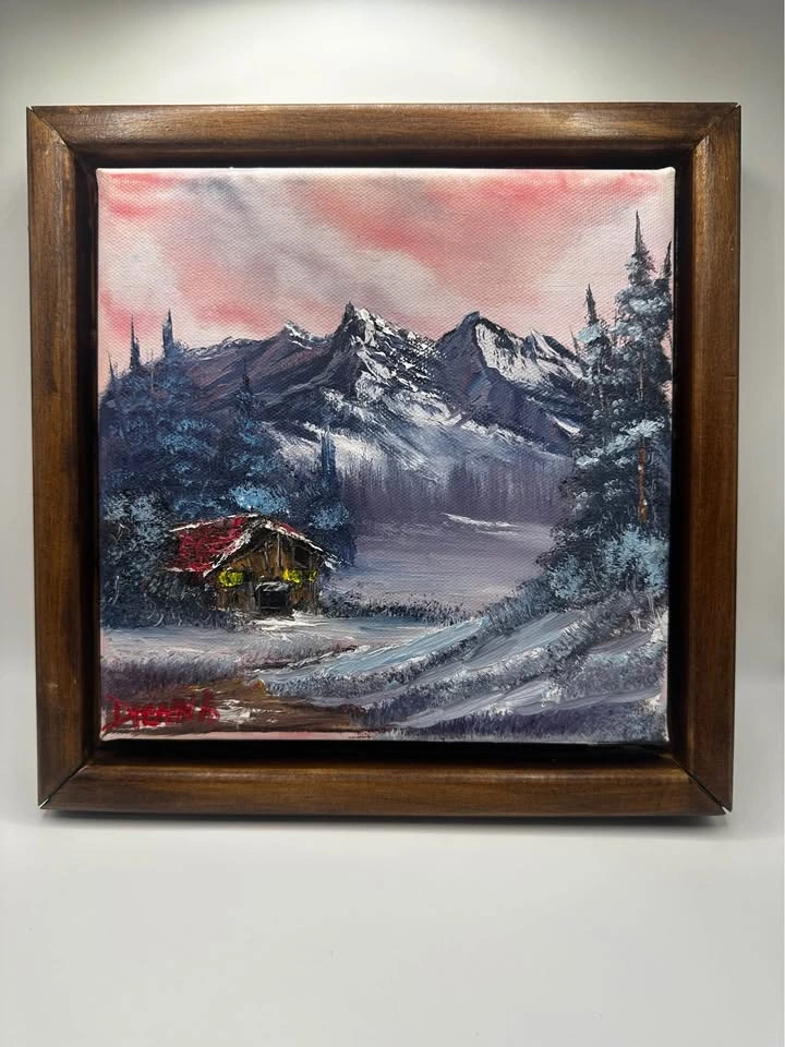 Hand-Painted Winter Mountain Cabin Oil Painting - 9x12 inch - photo 2