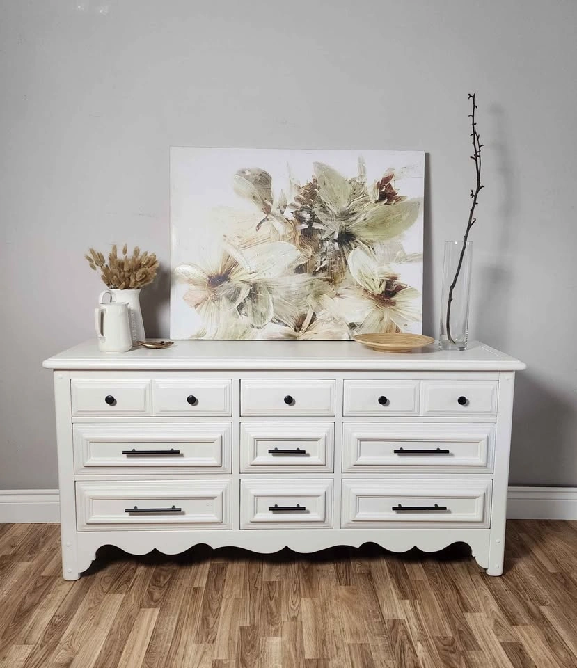 Solid Wood Vintage 9-Drawer Dresser — White + Matte Black Pulls