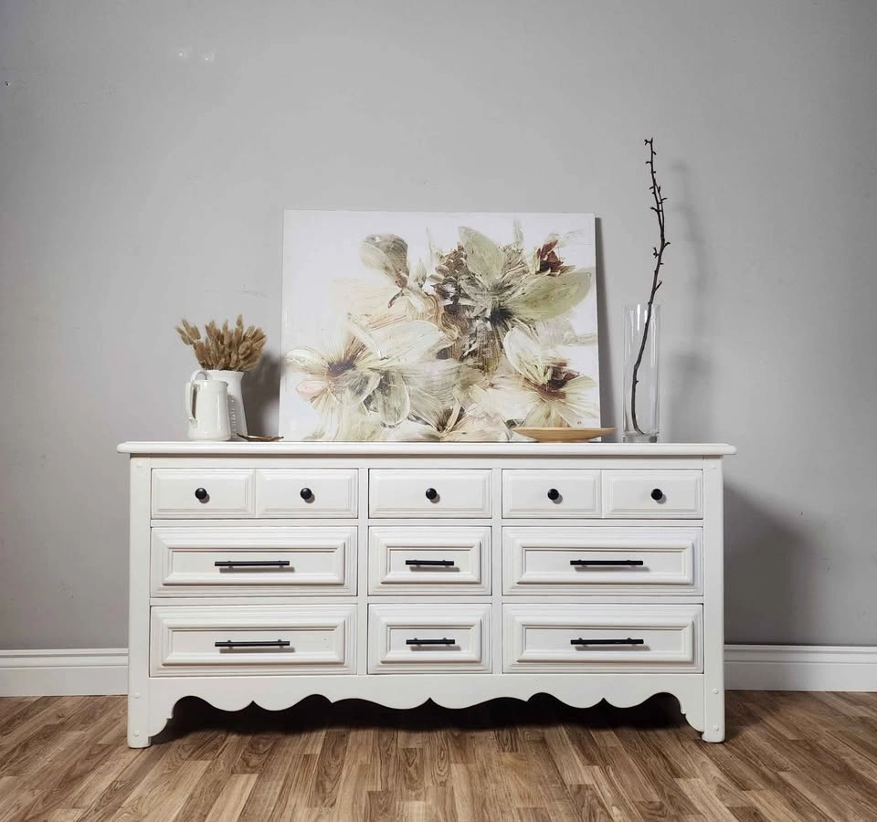 Solid Wood Vintage 9-Drawer Dresser — White + Matte Black Pulls - photo 2