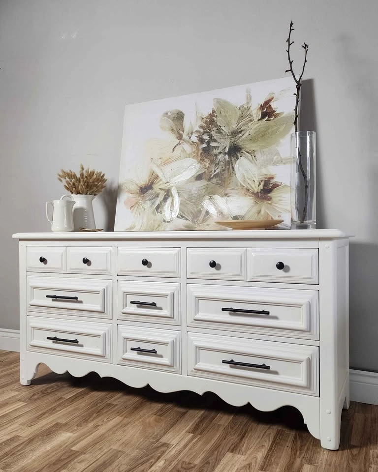 Solid Wood Vintage 9-Drawer Dresser — White + Matte Black Pulls - photo 3