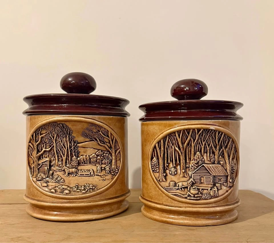 Two Vintage Ceramic Canisters | Hershey Molds | Farmhouse Decor