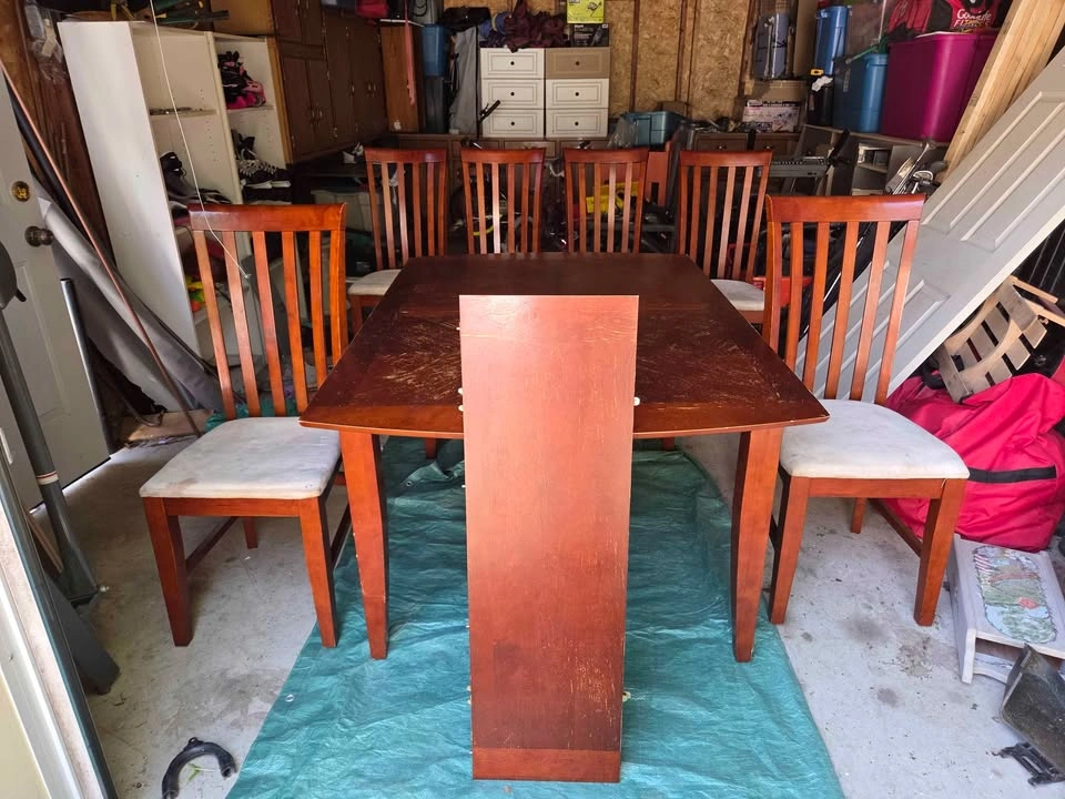 Wood Dining room table comes with insert plus six chairs. - photo 2