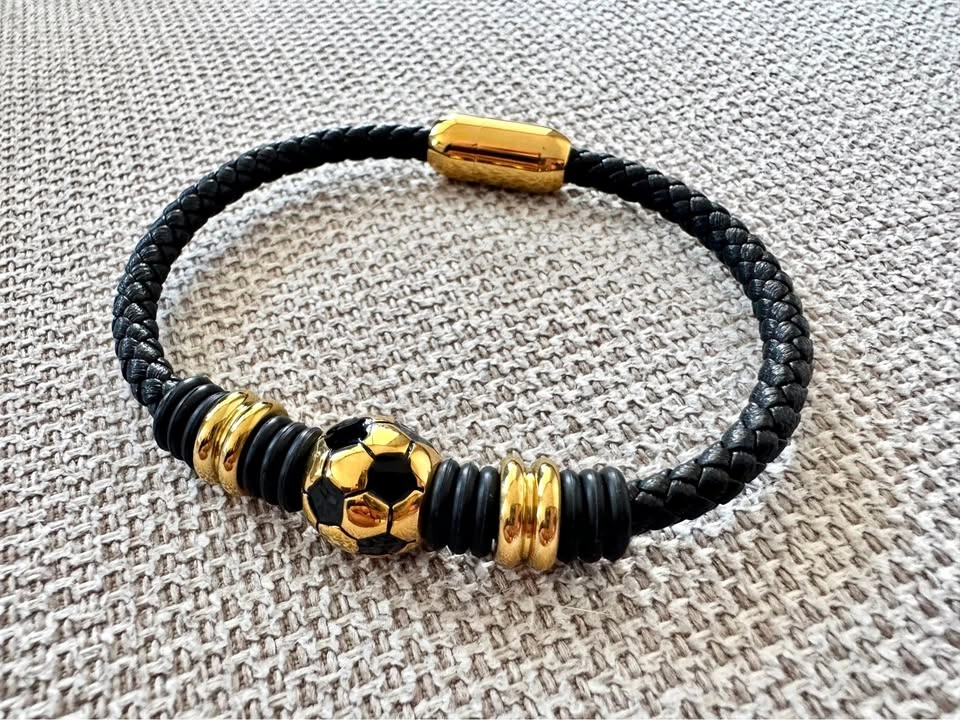 Soccer Ball Genuine Leather Bracelet – Black & Gold