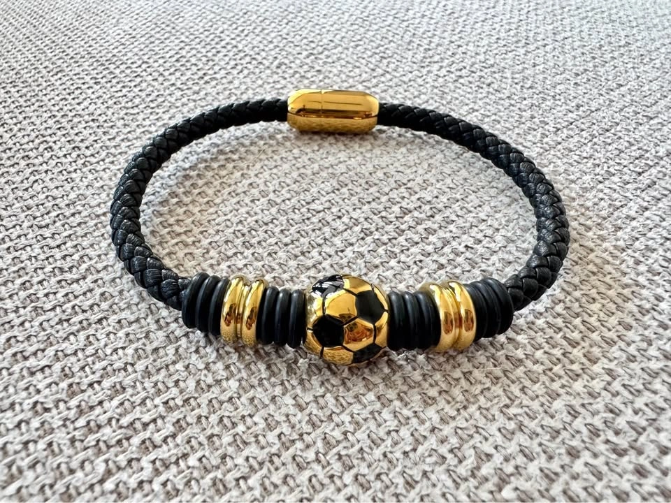 Soccer Ball Genuine Leather Bracelet – Black & Gold - photo 2