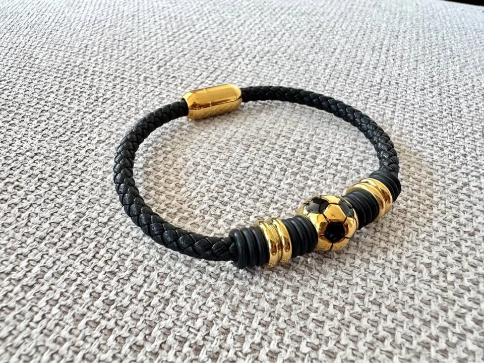 Soccer Ball Genuine Leather Bracelet – Black & Gold - photo 3