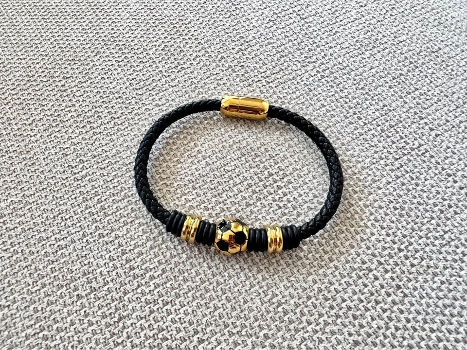 Soccer Ball Genuine Leather Bracelet – Black & Gold - photo 4
