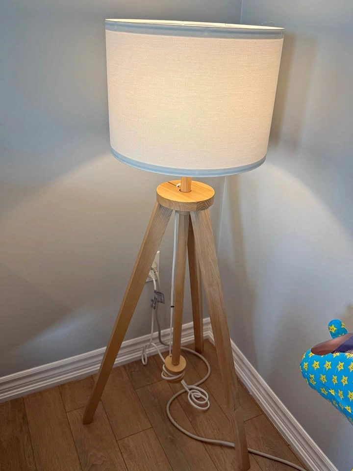 Wood tripod floor lamp with white shade