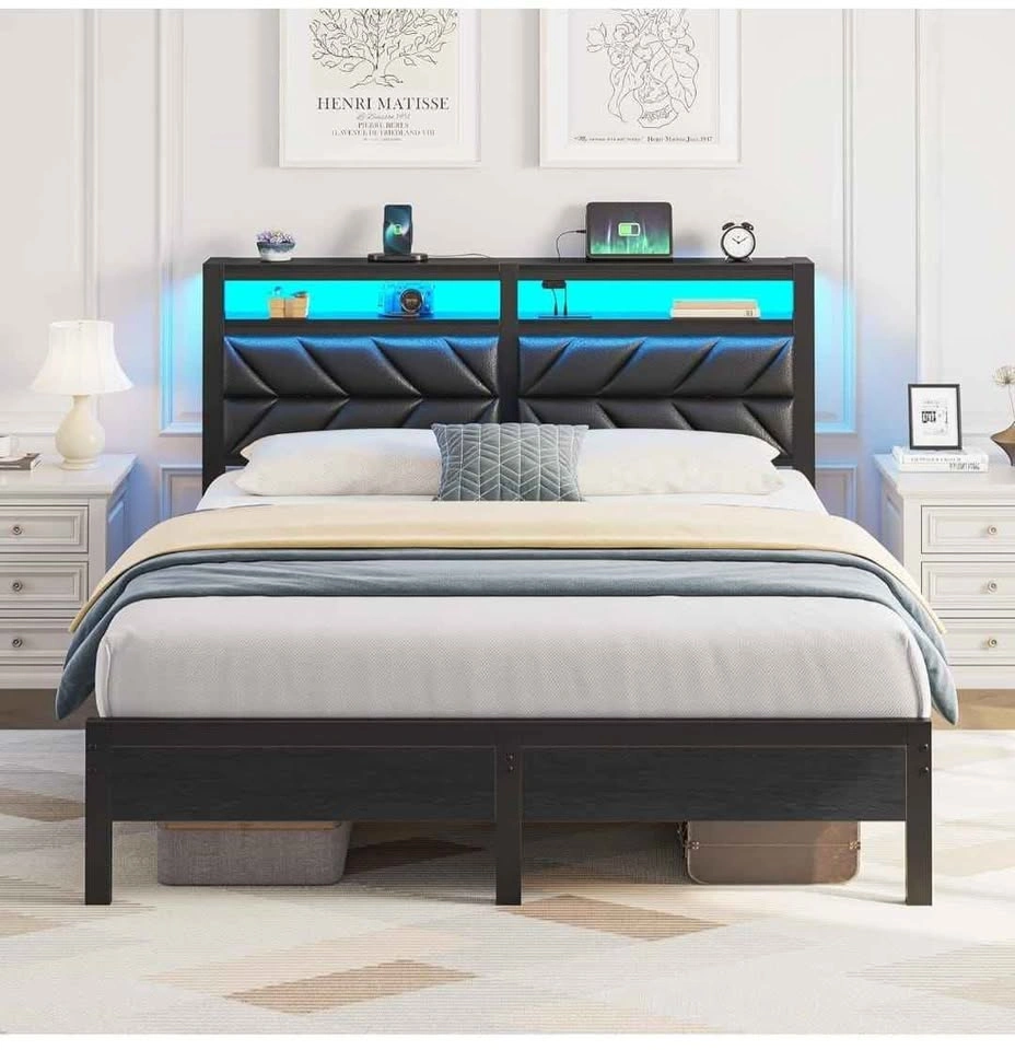 King LED Bed Frame with Charging Station & Storage - Brand New