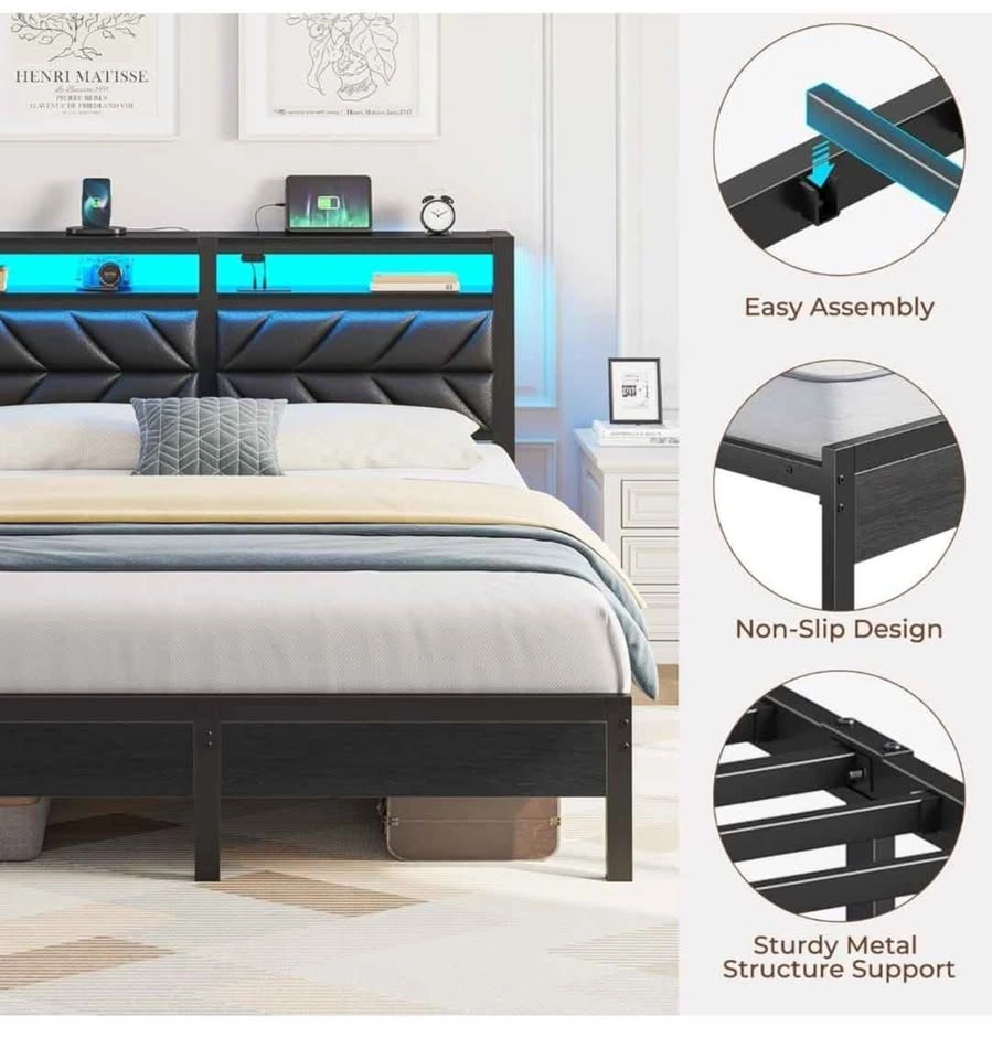 King LED Bed Frame with Charging Station & Storage - Brand New - photo 3