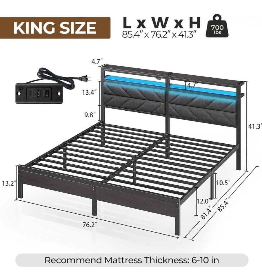 King LED Bed Frame with Charging Station & Storage - Brand New - photo 4