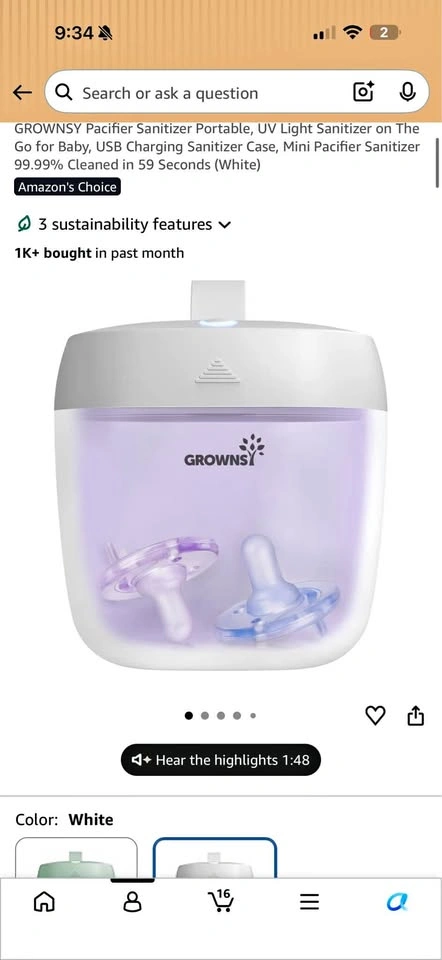 GROWNSY Pacifier Sanitizer Portable UV Light White