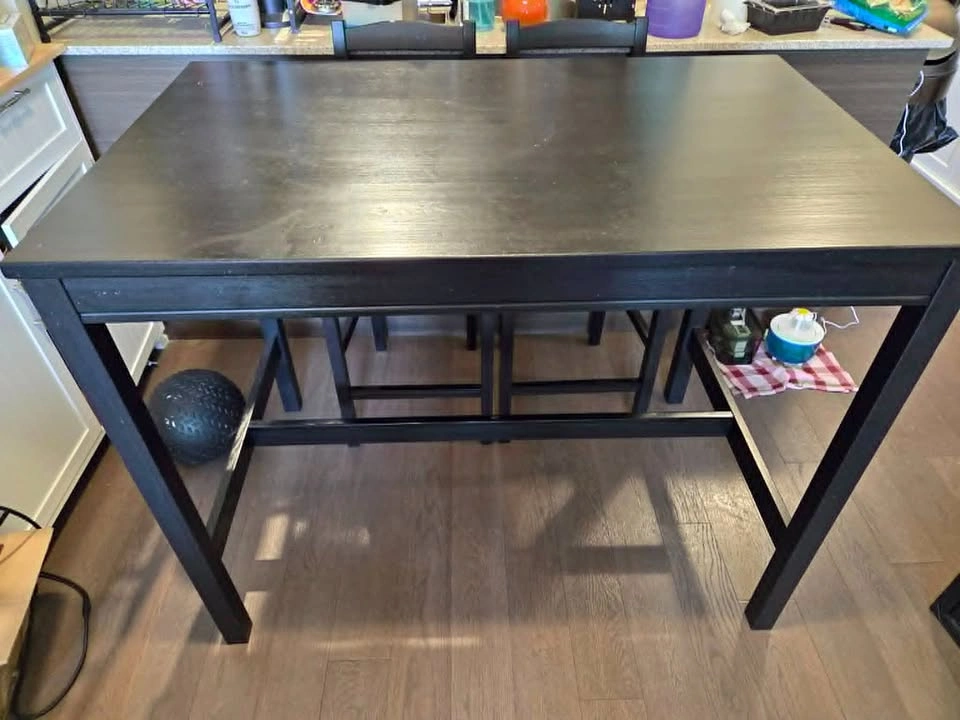 Ikea Bar table and 4 bar stools, black stained pine