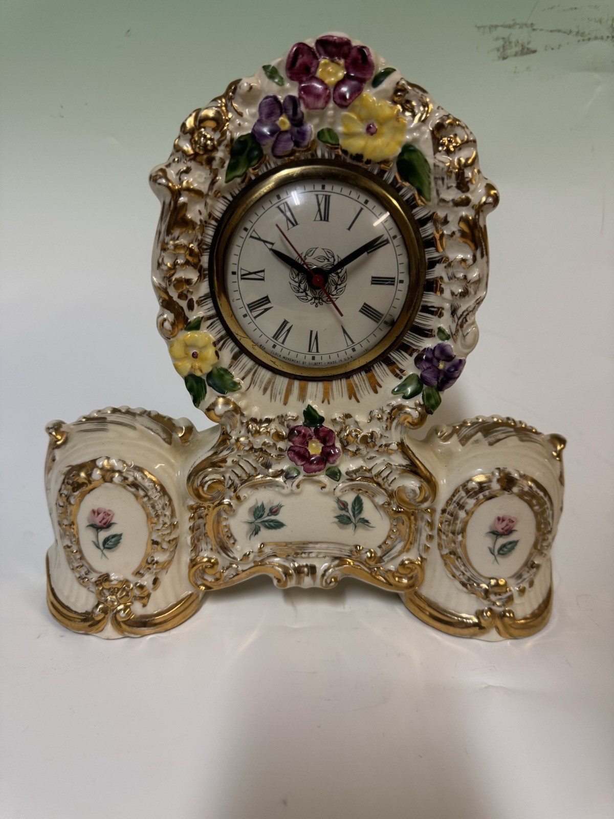 Ceramic Floral Mantel Clock, Ivory/Gold Accents, Analog Roman Nu