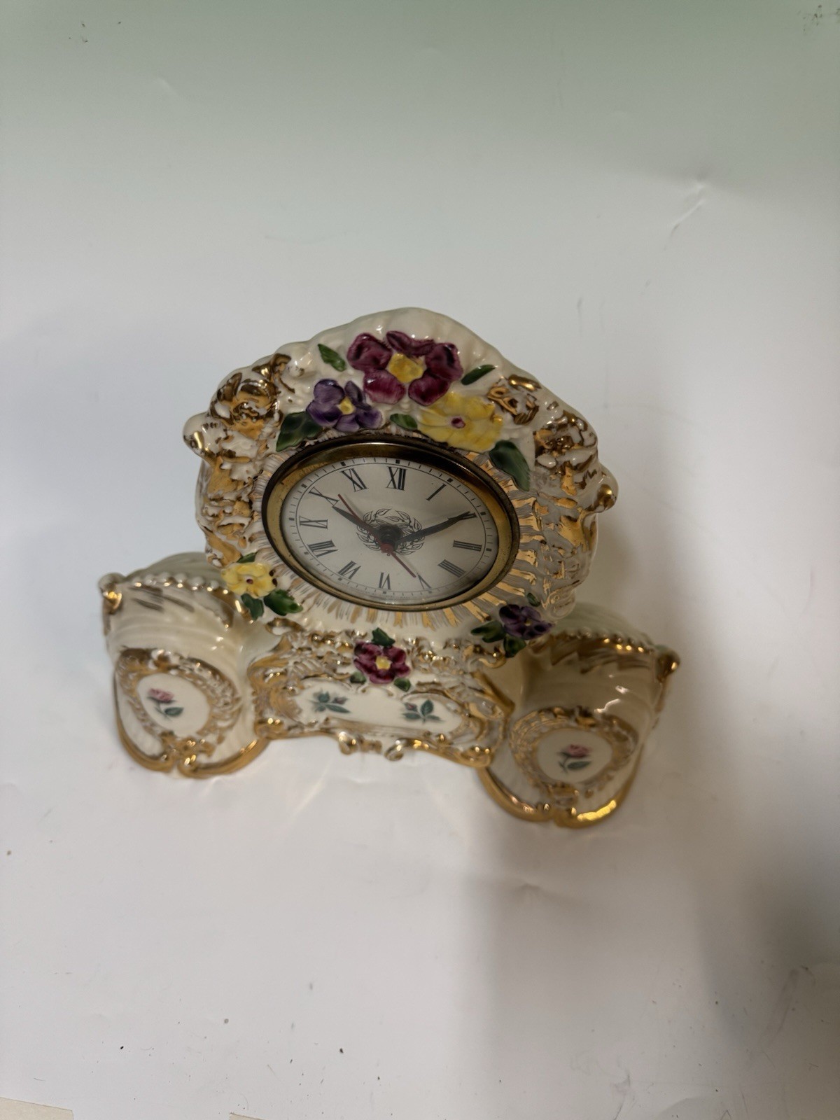 Ceramic Floral Mantel Clock, Ivory/Gold Accents, Analog Roman Nu - photo 2