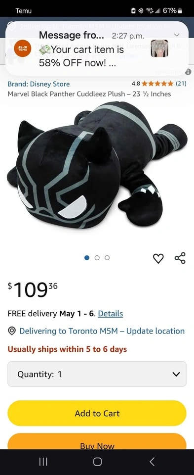 BRAND NEW WITH TAG MARVEL Black Panther Cuddleez Plush - photo 5