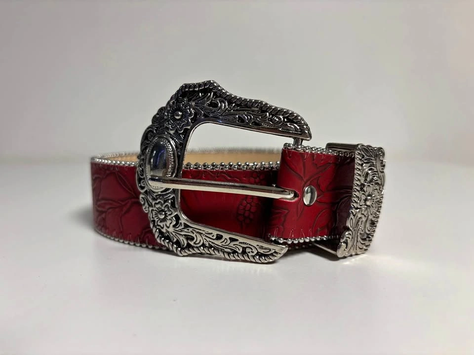 Red Western Belt with Ornate Silver Buckle and Studs