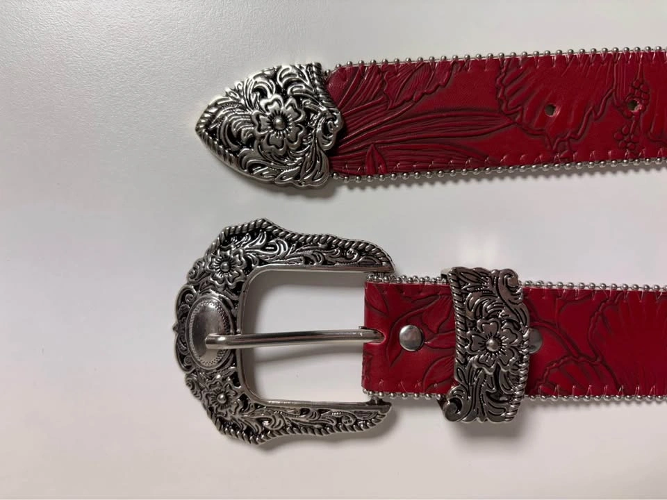 Red Western Belt with Ornate Silver Buckle and Studs - photo 2