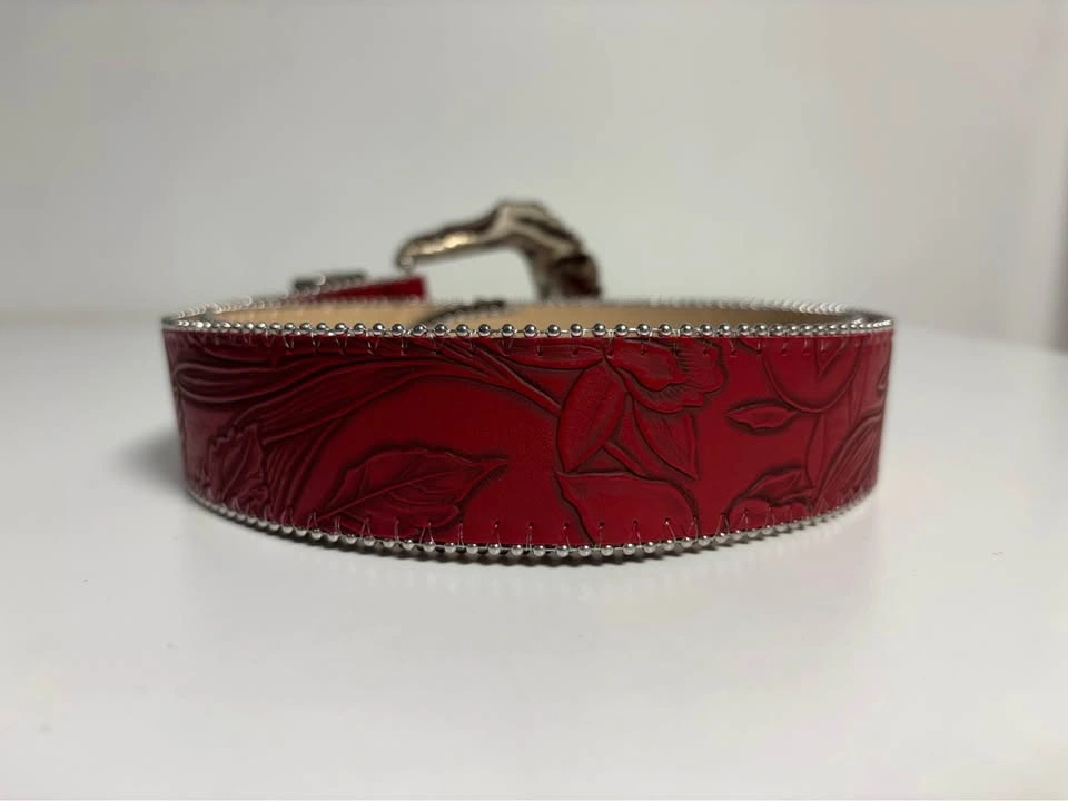Red Western Belt with Ornate Silver Buckle and Studs - photo 3