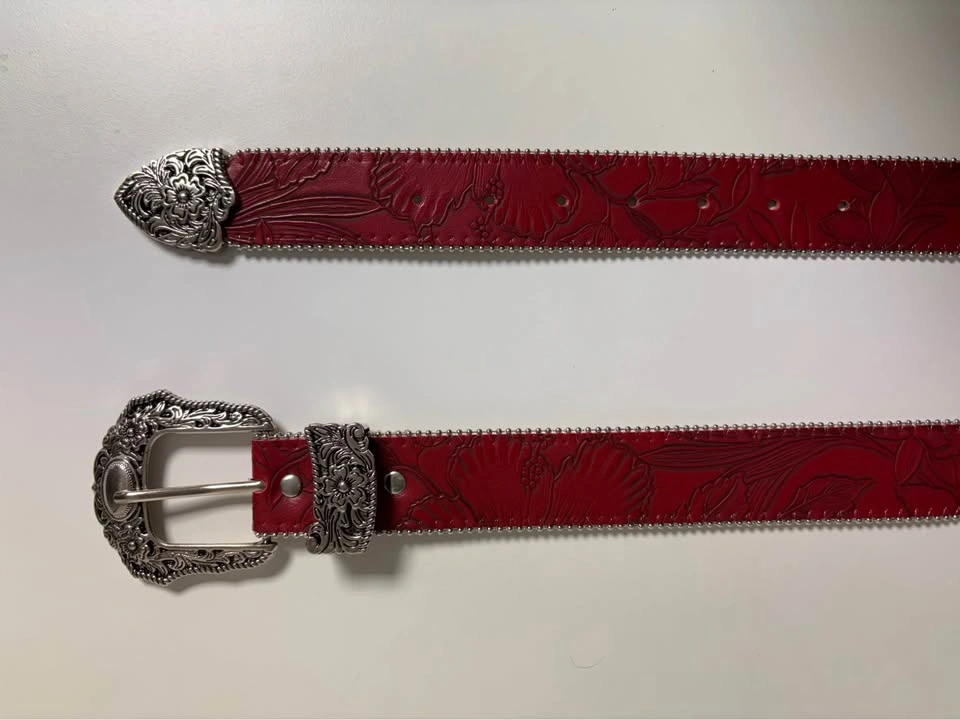 Red Western Belt with Ornate Silver Buckle and Studs - photo 4