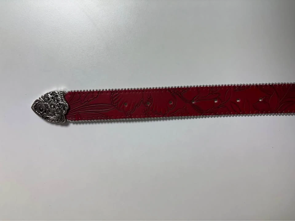 Red Western Belt with Ornate Silver Buckle and Studs - photo 5