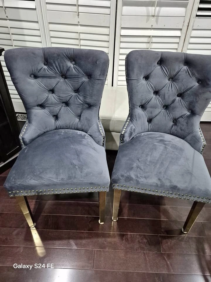 Set of 2 Gray Velvet Tufted Dining Chairs Gold Legs