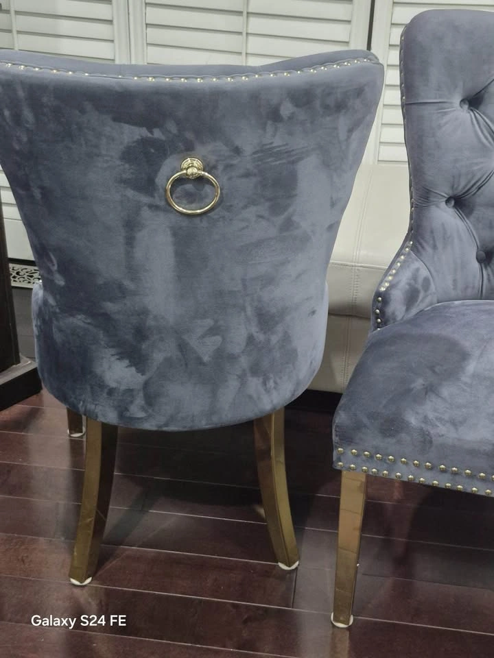 Set of 2 Gray Velvet Tufted Dining Chairs Gold Legs - photo 2
