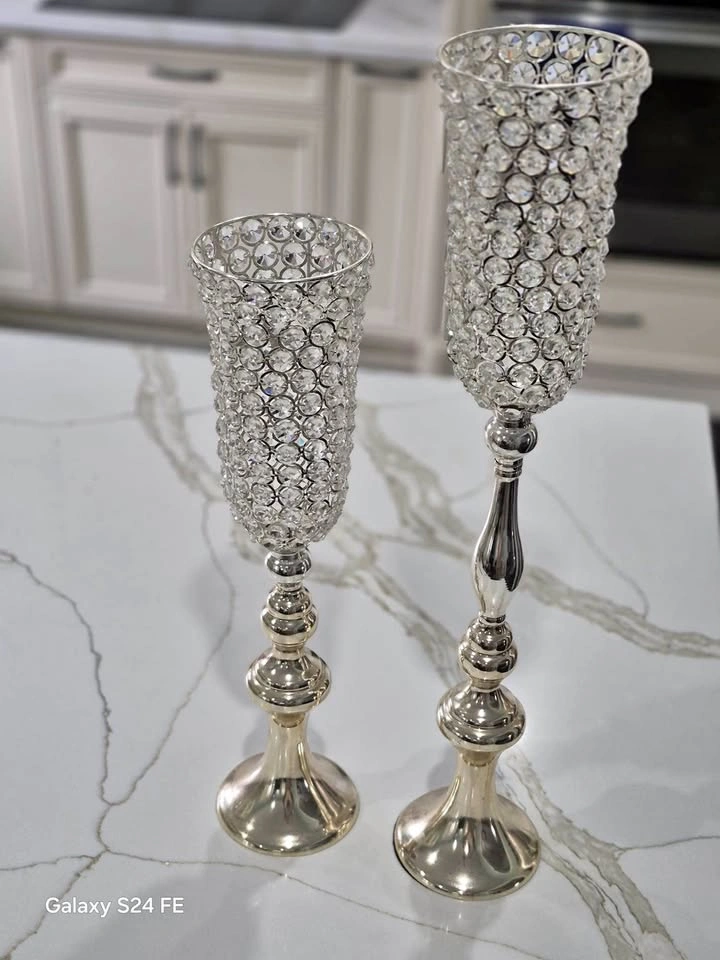 Set of 2 Silver Crystal Beaded Candle Holders