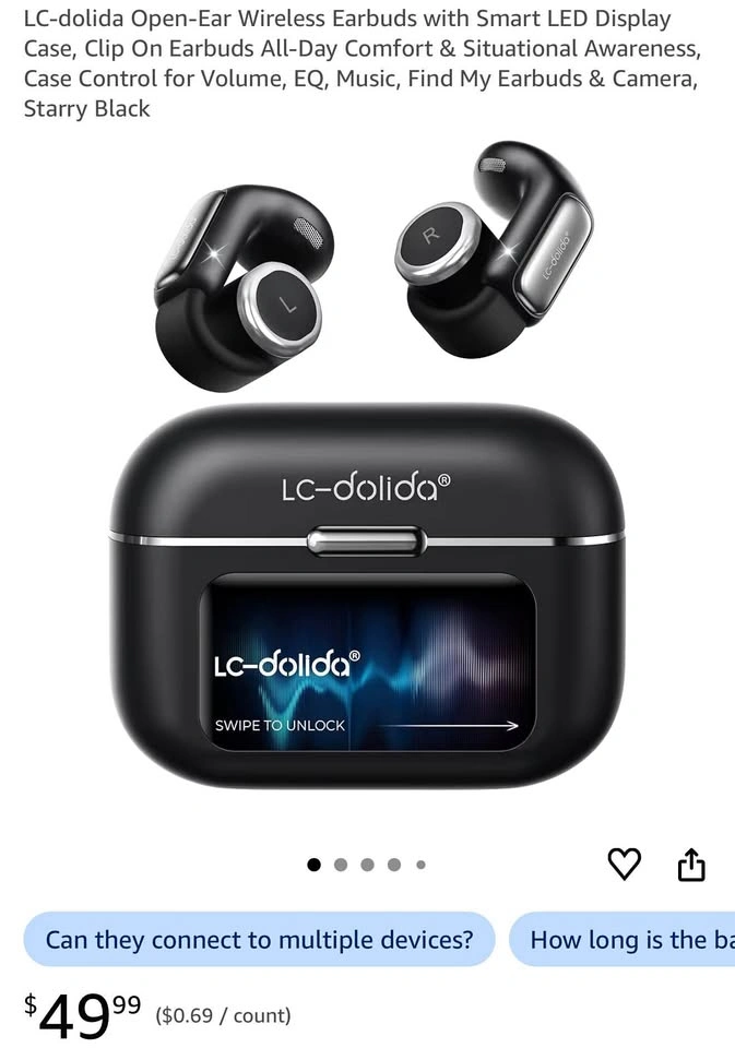 Open-Ear Wireless Earbuds with Smart LED Display Case
