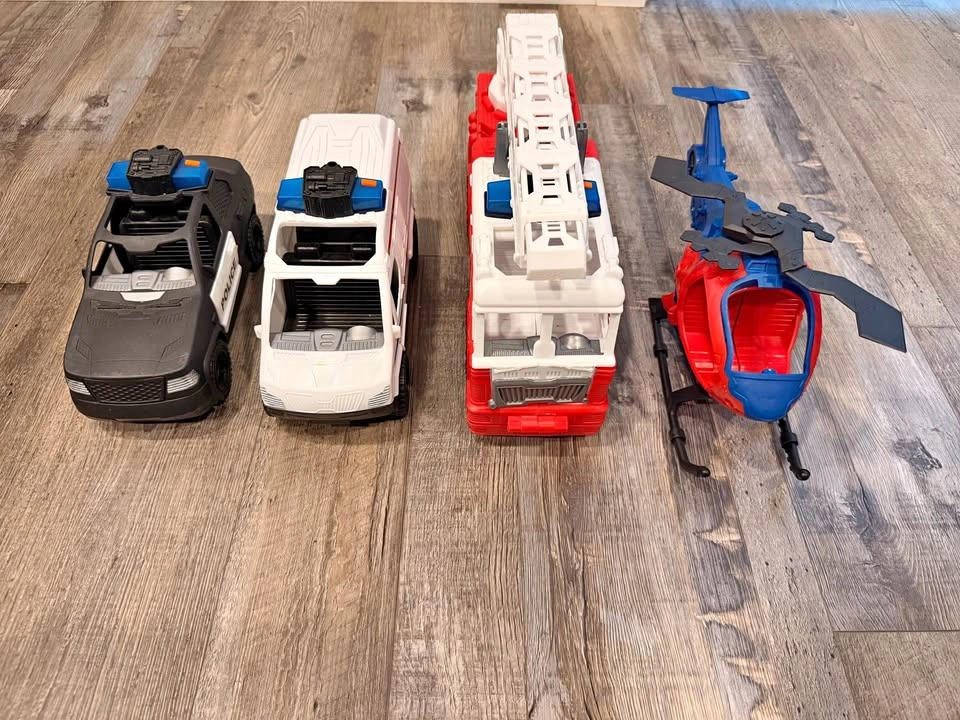 Kids Toy Vehicle Set – Police Car, Ambulance, Fire Truck & Helic