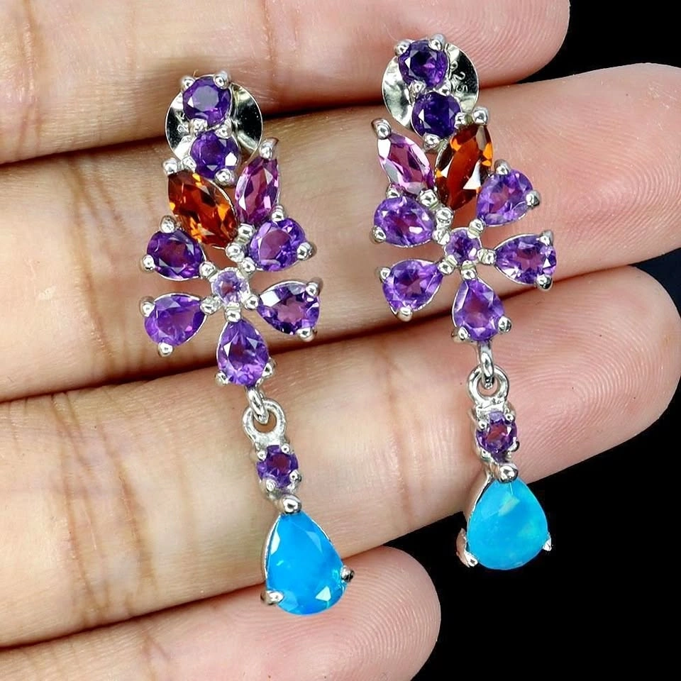 Amethyst, Blue Opal and Garnet Earrings 925 Sterling Silver